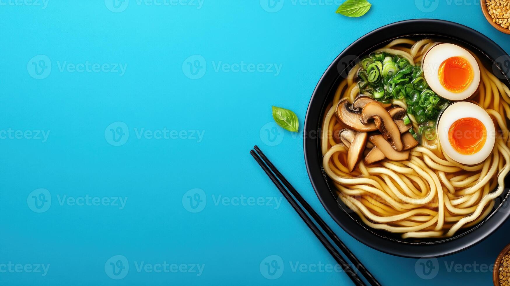 Tasty ramen bowl with egg, mushrooms and greens on a blue background, for a food blog post photo