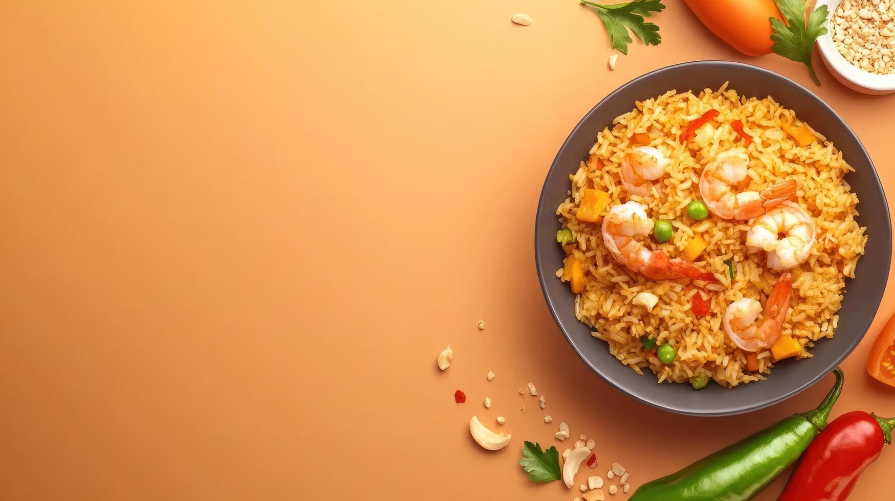 Tasty shrimp fried rice in a bowl on a brown background with vegetables and nuts for menu use photo