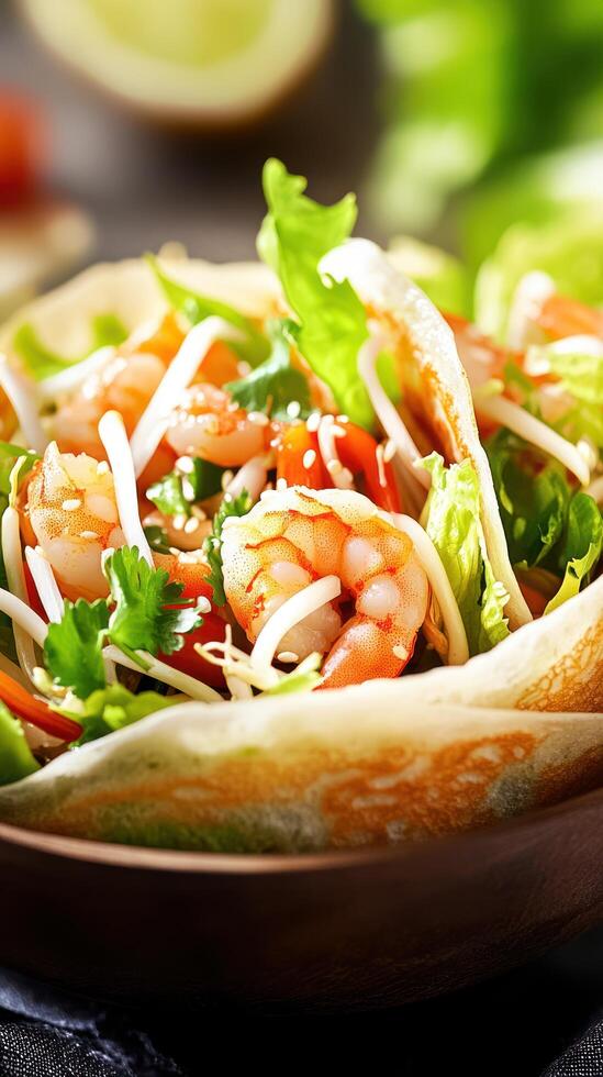 Tasty shrimp salad on bread bowl with sprouts and lettuce close-up for a culinary blog photo