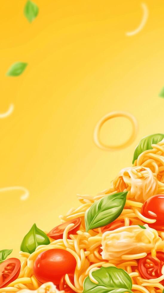 Tasty spaghetti with basil and tomato. Background illustration for a food app or restaurant menu photo