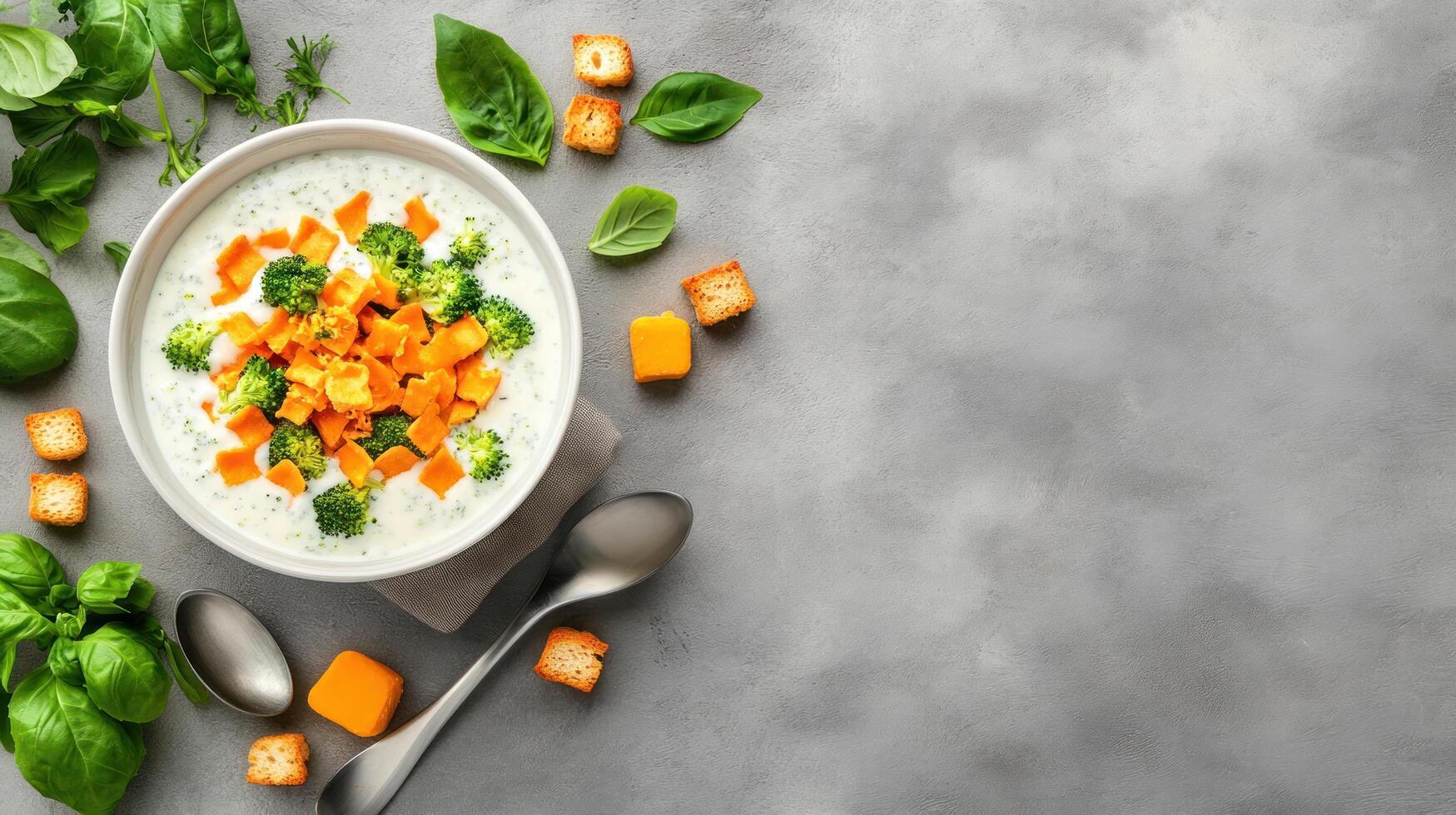 Tasty soup with broccoli and sweet potato chunks, food photography. Use as recipe image photo