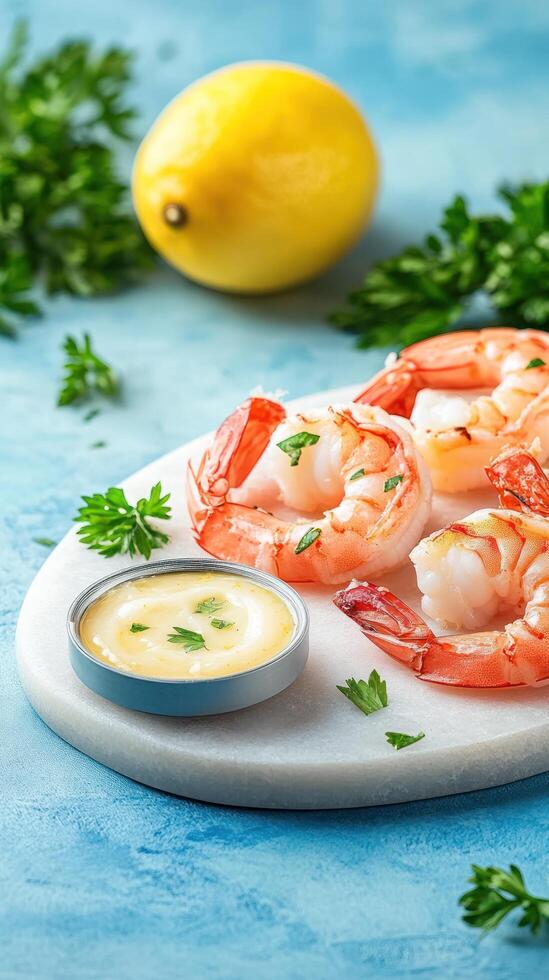 Tasty shrimp, sauce, and lemon on marble board served as a meal, with herbs as a background for culinary ad photo