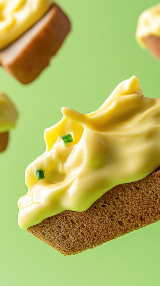 Tasty toast with yellow spread in the air against green backdrop, possible food blog or recipe use photo