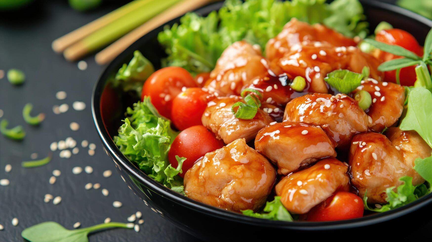 Tasty teriyaki chicken bowl with tomatoes and lettuce. Healthy food for lunch photo