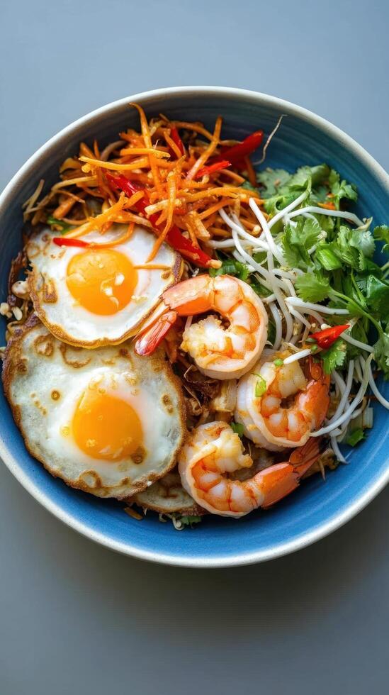 Tasty Thai fried rice with sunny side up eggs and shrimps in a blue bowl for healthy diet photo