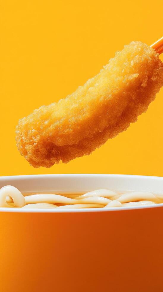 Tempura dipped into udon in a bright, minimalist setting, for food presentation and menu ideas photo