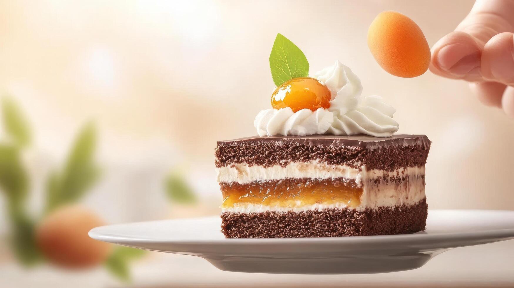 Tempting chocolate apricot cake with whipped cream being decorated on a white plate photo