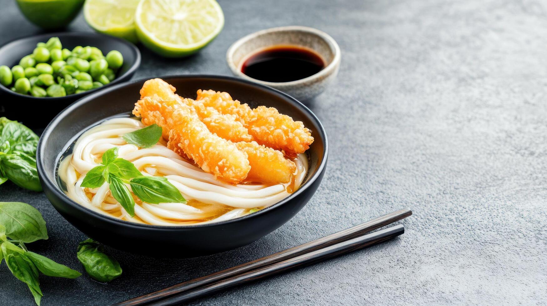 Tempura shrimp noodle dish, a Japanese culinary creation with lime and peas. Food blog use photo