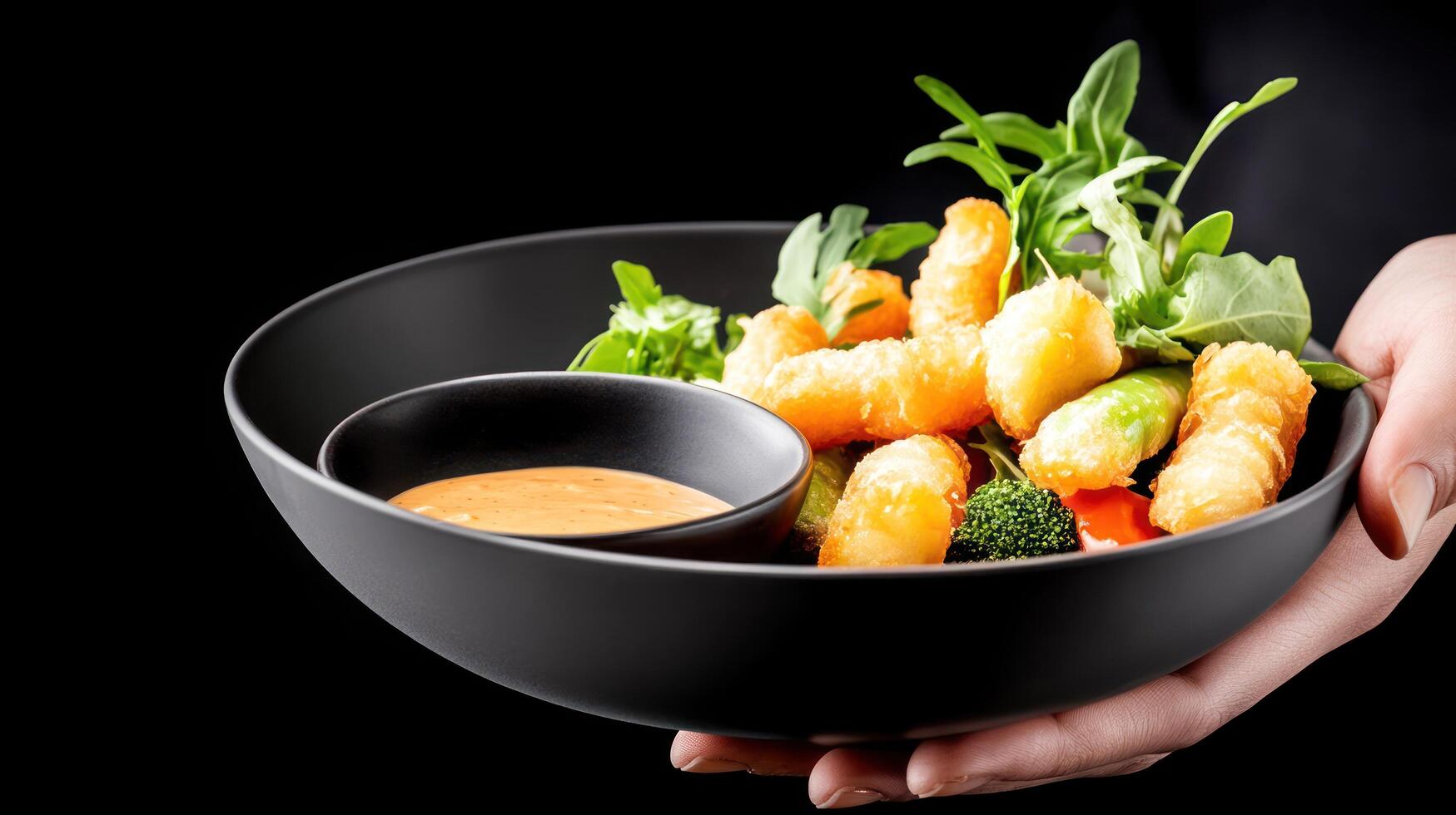 Tempura vegetables with sauce in black bowl held up by a person. Studio shot on black. Restaurant menu photo