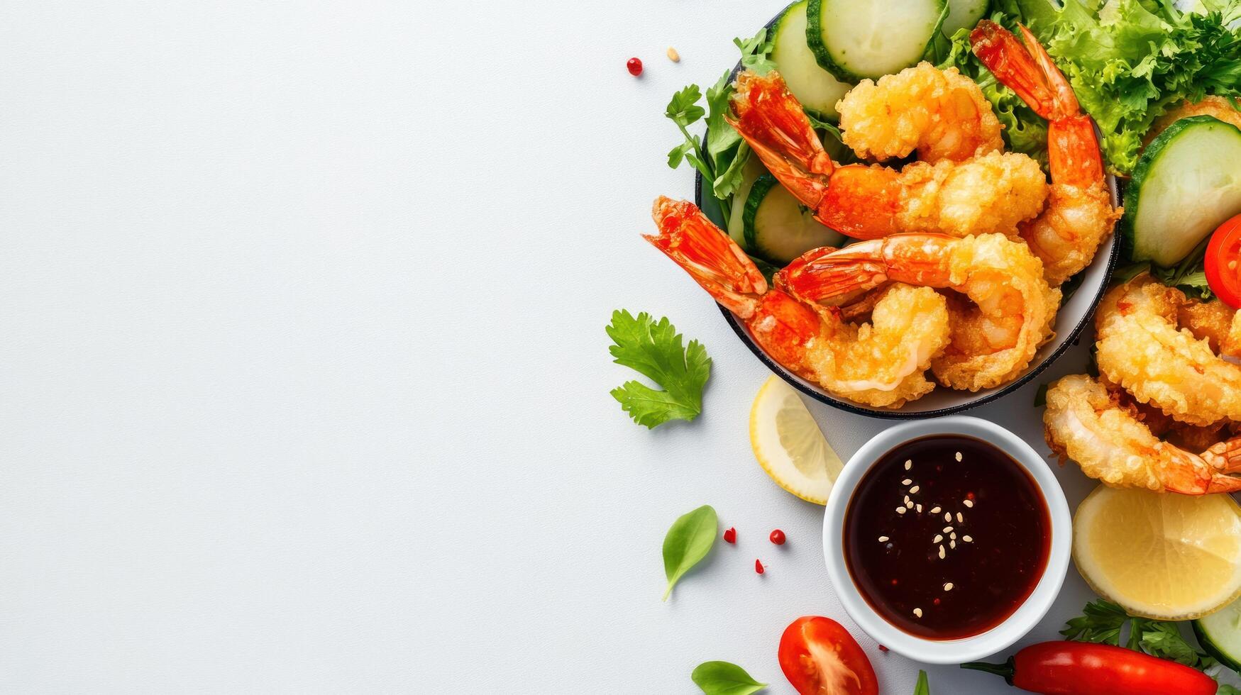 Tempura shrimp served with dipping sauce and salad on white background. Food blog or menu shot photo
