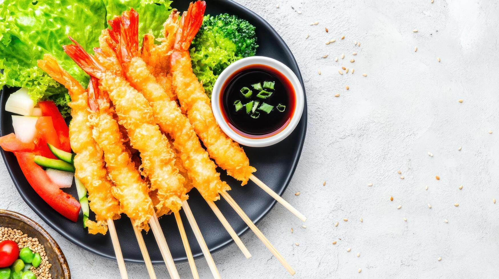 Tempura shrimp served with vegetables on a plate, sauce, and sesame seeds as background photo