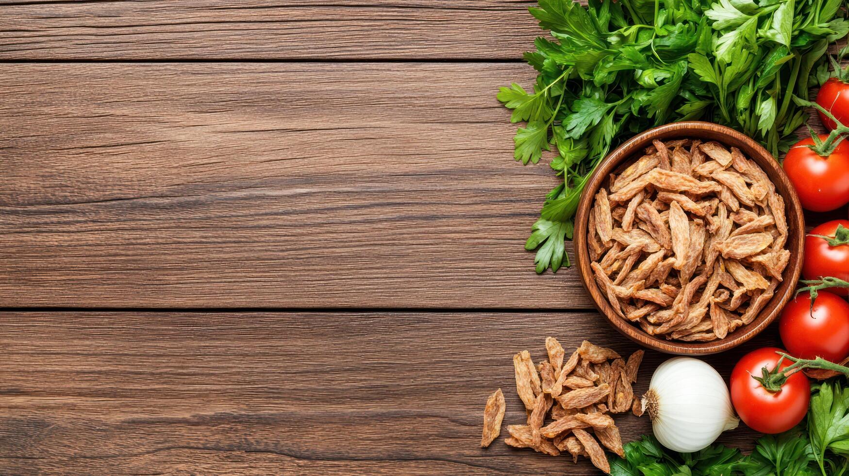 Textured vegetable protein and fresh vegetables on a table for healthy eating photo