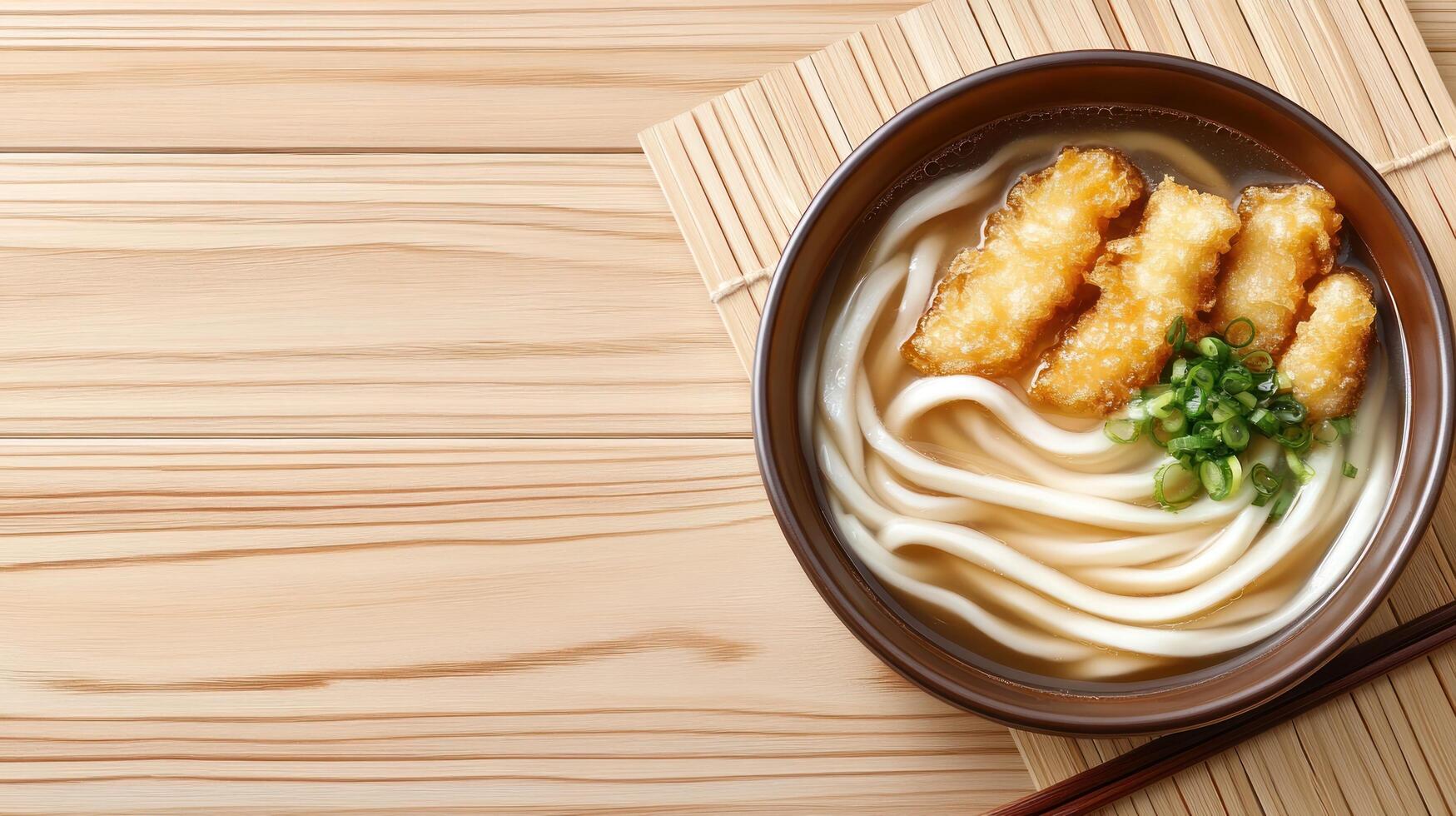 Tempura Udon bowl noodle soup with fried tempura, on bamboo mat, for lunch photo