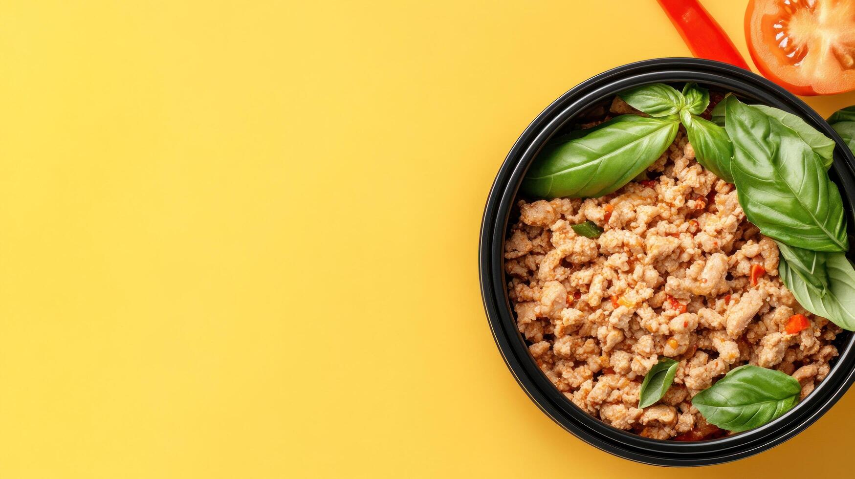 Thai minced chicken with basil in a bowl. Tomato and pepper aside. Food photography photo