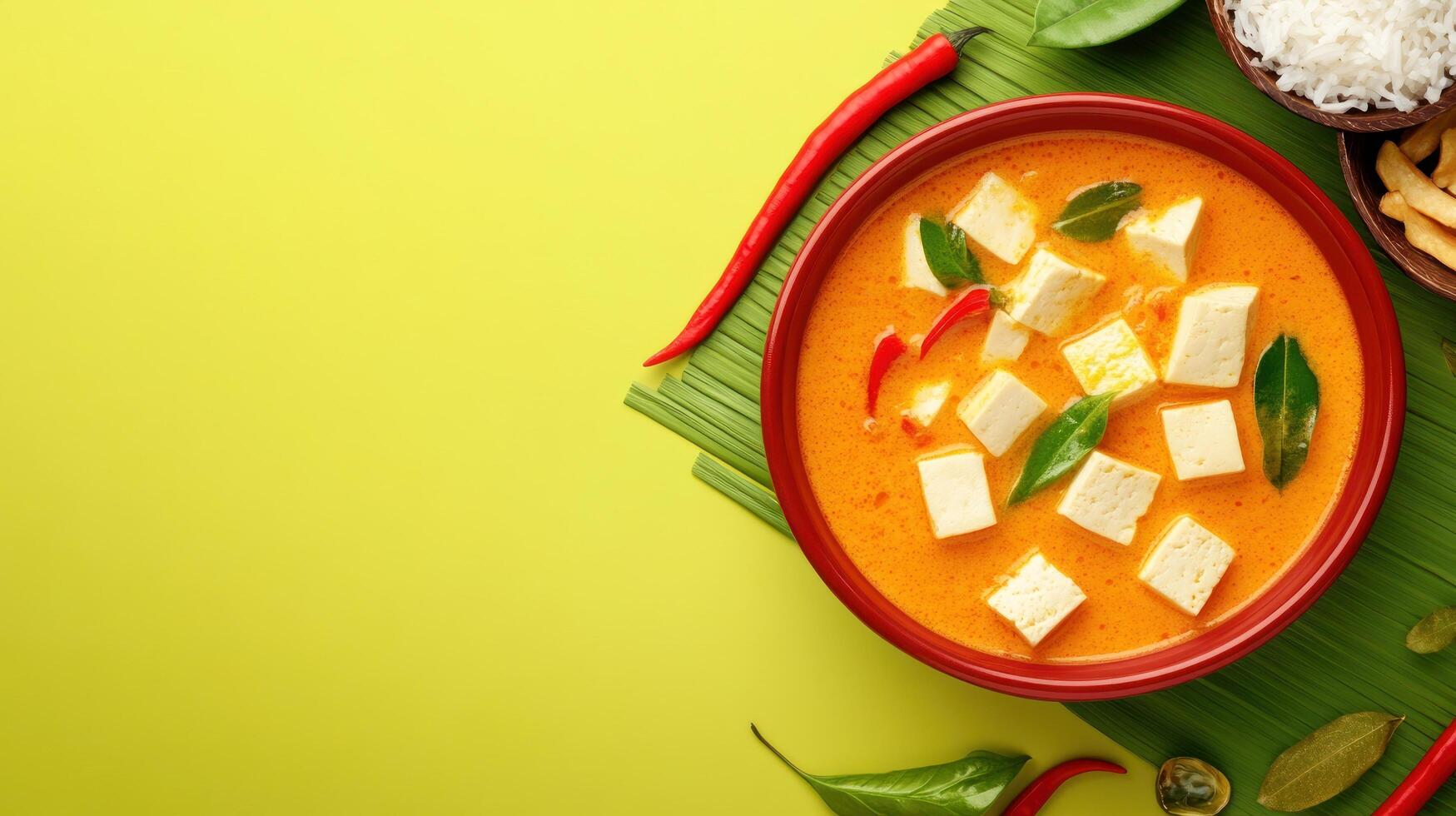 Thai red tofu curry served in bowl on yellow table. Rice and garnish in background photo