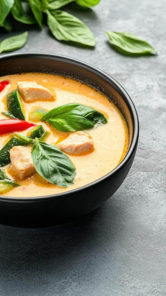 Thai curry with chicken and basil. Serving spicy dish for healthy dinner photo