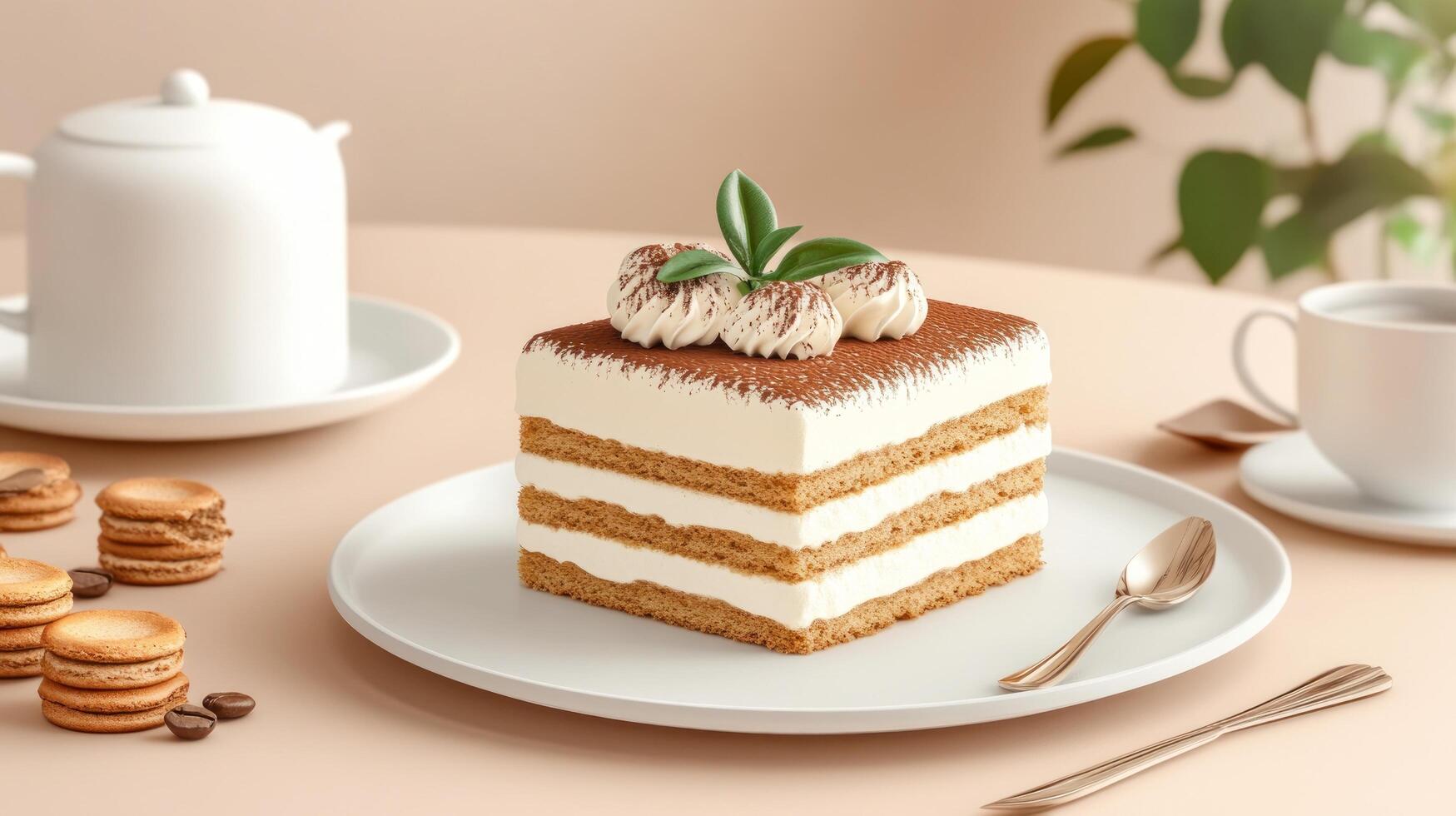 Tiramisu on a plate with coffee. A teapot macarons are in the background. For cafe menus photo