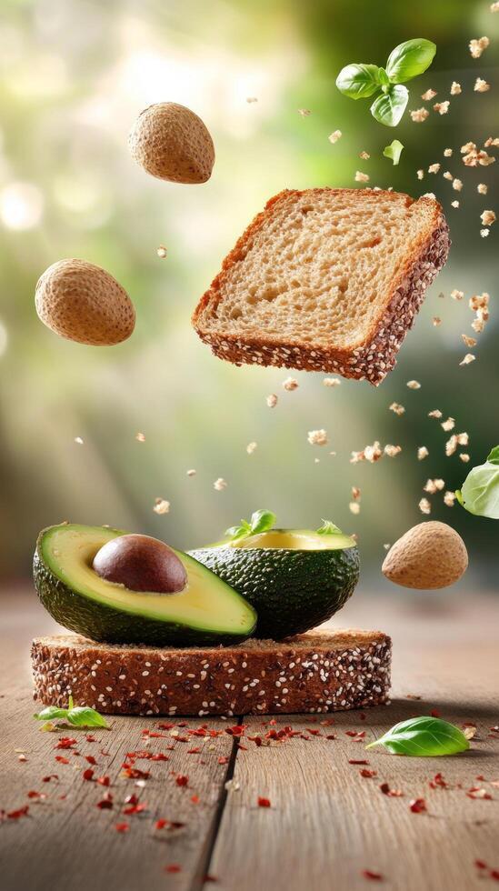 Toast with avocado halves falling with other ingredients in green and wood background for diet concept photo