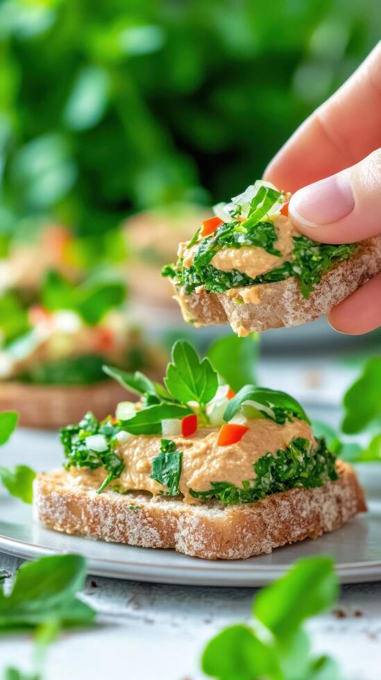 Toast with paste and greens, hand holds. Fresh snack appetizer, vegan cooking background photo