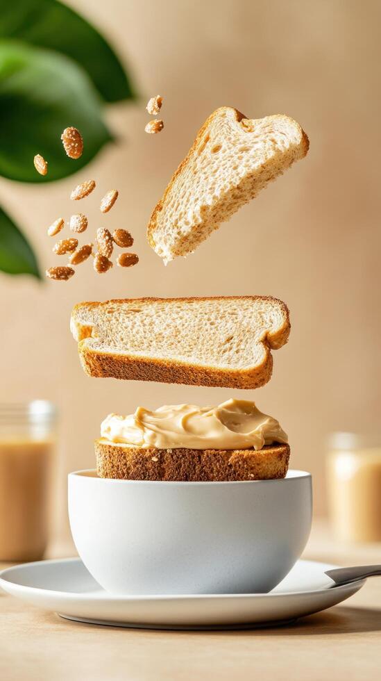 Toast with peanut butter levitates above a bowl, next to a cup, on neutral background. Food concept photo