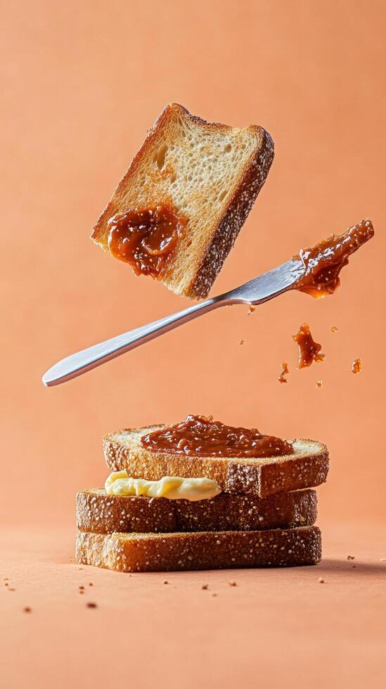 Toast with fruit spread levitates for breakfast, food blogging or recipe illustration photo