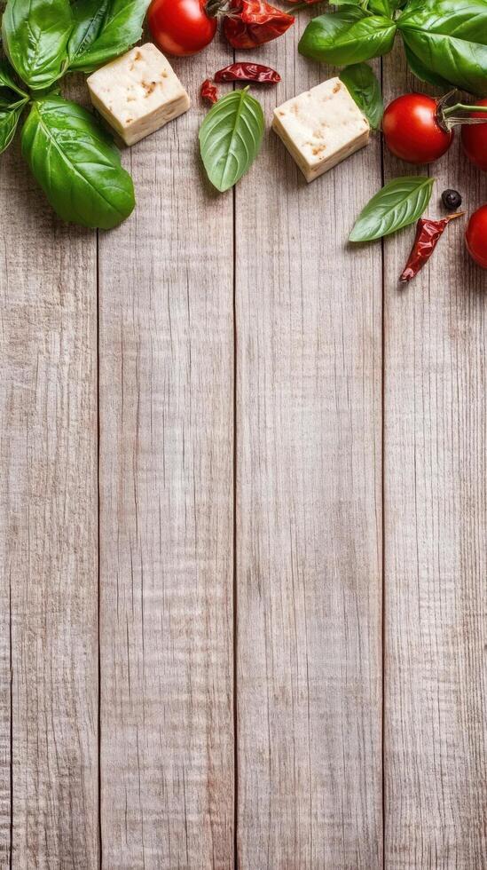Tofu blocks served with tomatoes, peppers and basil herbs, on a wooden backdrop for recipes photo