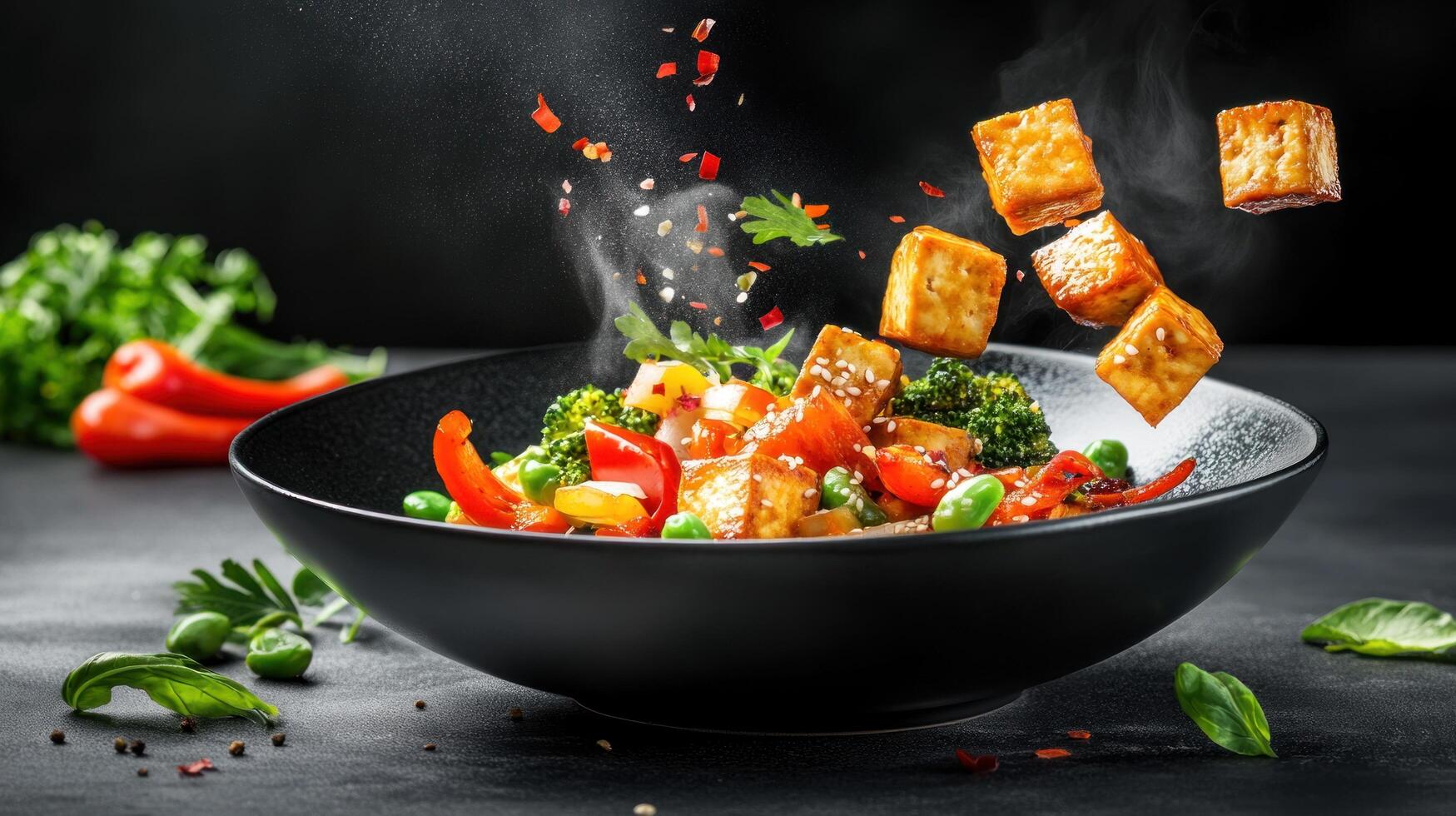 Tofu cubes flying over dish with stir fry vegetables. Isolated on black background for food blog use photo