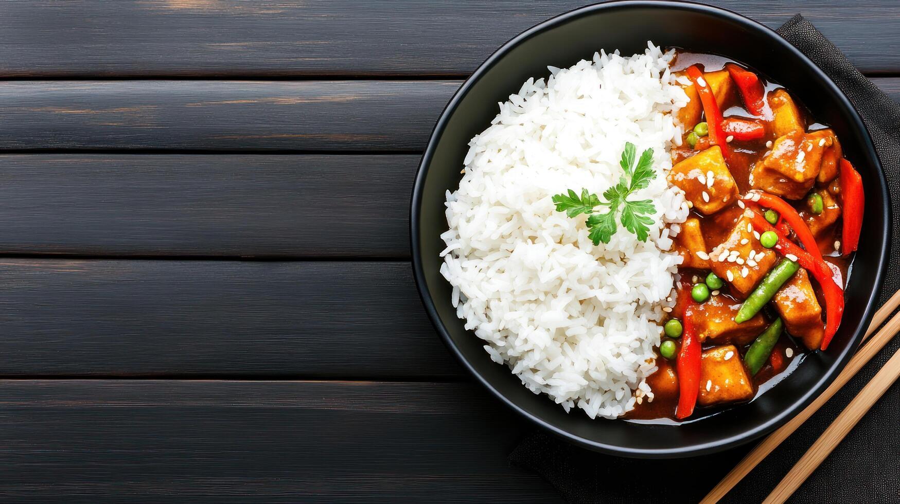 Tofu and vegetables with rice, served on wooden table, black background. Food blog or menu photo