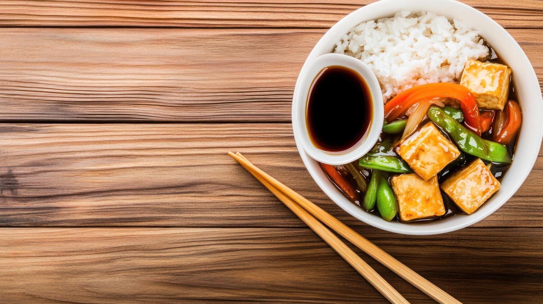 Tofu and Veggies Stir-fry with rice, served on table, for healthy asian food blog or website photo