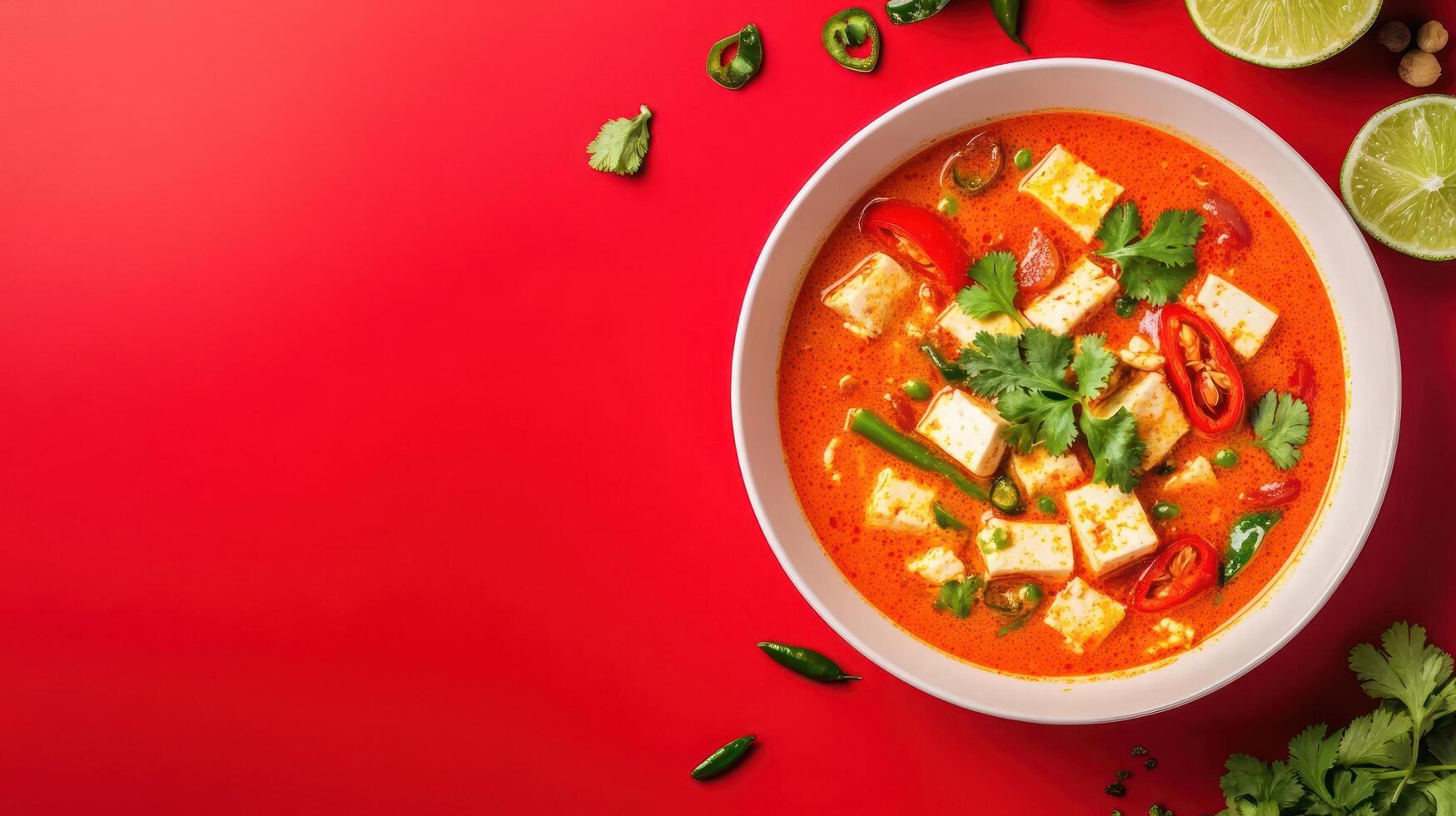 Tofu curry bowl, food presentation flat lay on a red table, for foodblog cooking recipe photo