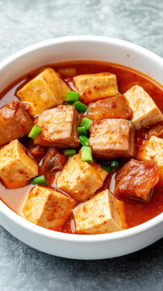 Tofu cubes with a rich, savory sauce in a white bowl on gray surface. Food photography photo
