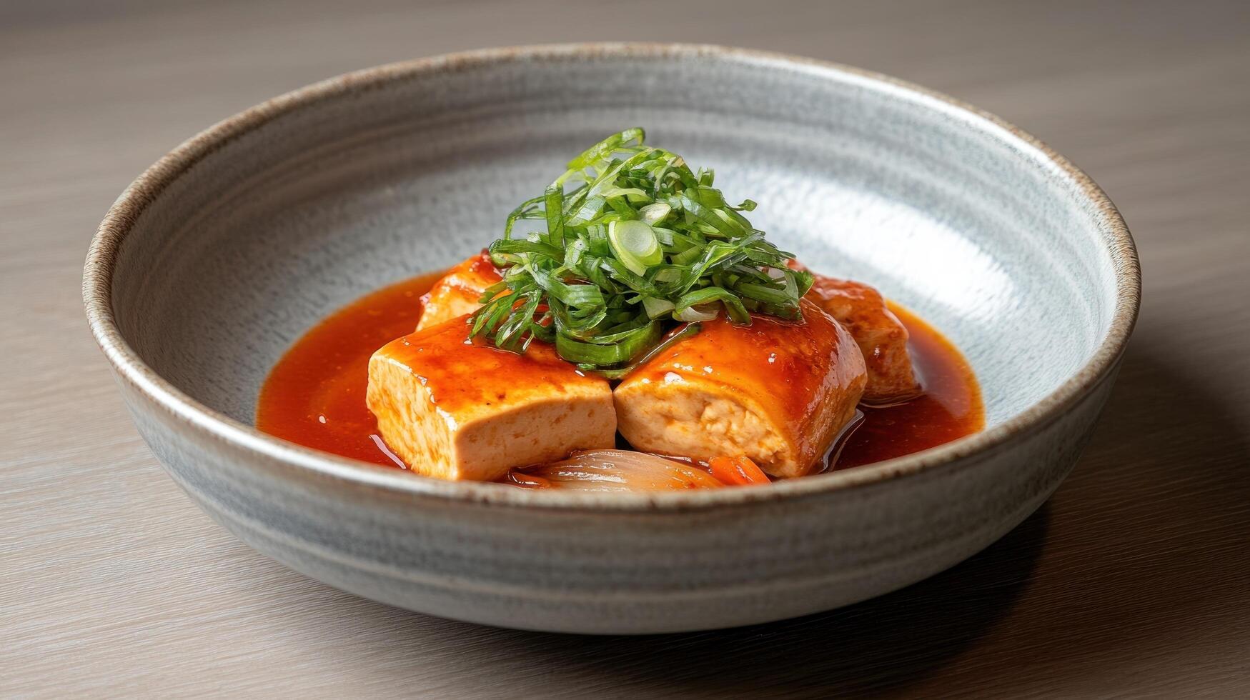 Tofu dish with green onions and sauce plated in a bowl, served on a table for dinner photo