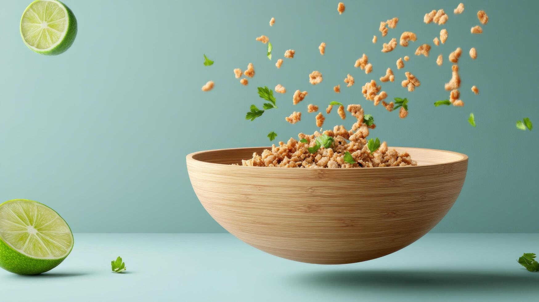 Tofu falling into a wooden bowl with lime and parsley. Healthy food ingredients are scattered photo