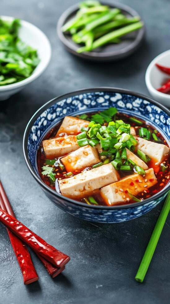 Tofu dish with vegetables on table. Food blog image, recipe website, or vegan dish photo