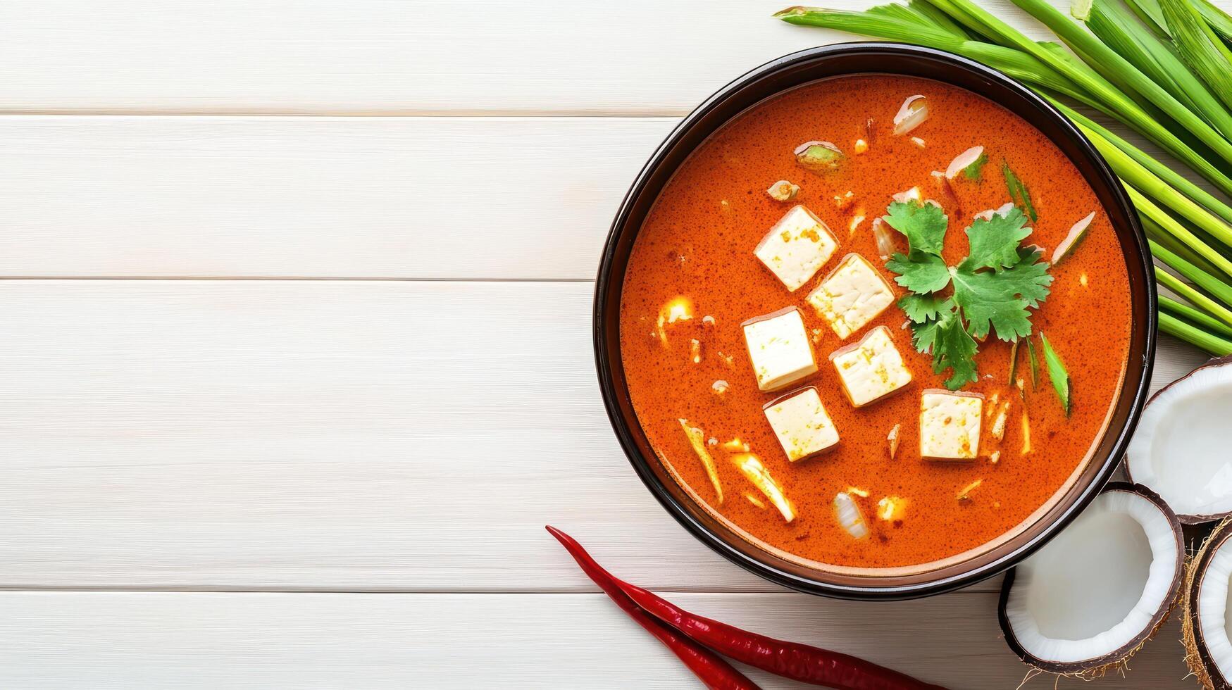 Tofu soup bowl, food photography, white wood table surface. Cookbook or food blog content photo