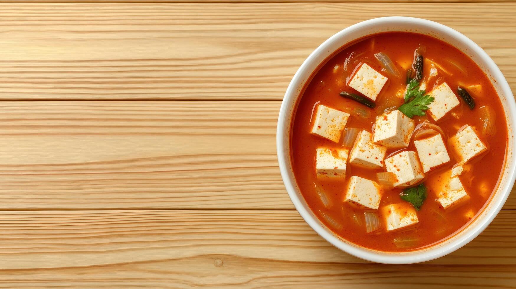 Tofu soup bowl on a wooden table for food blogs, healthy eating, and recipe promotions photo