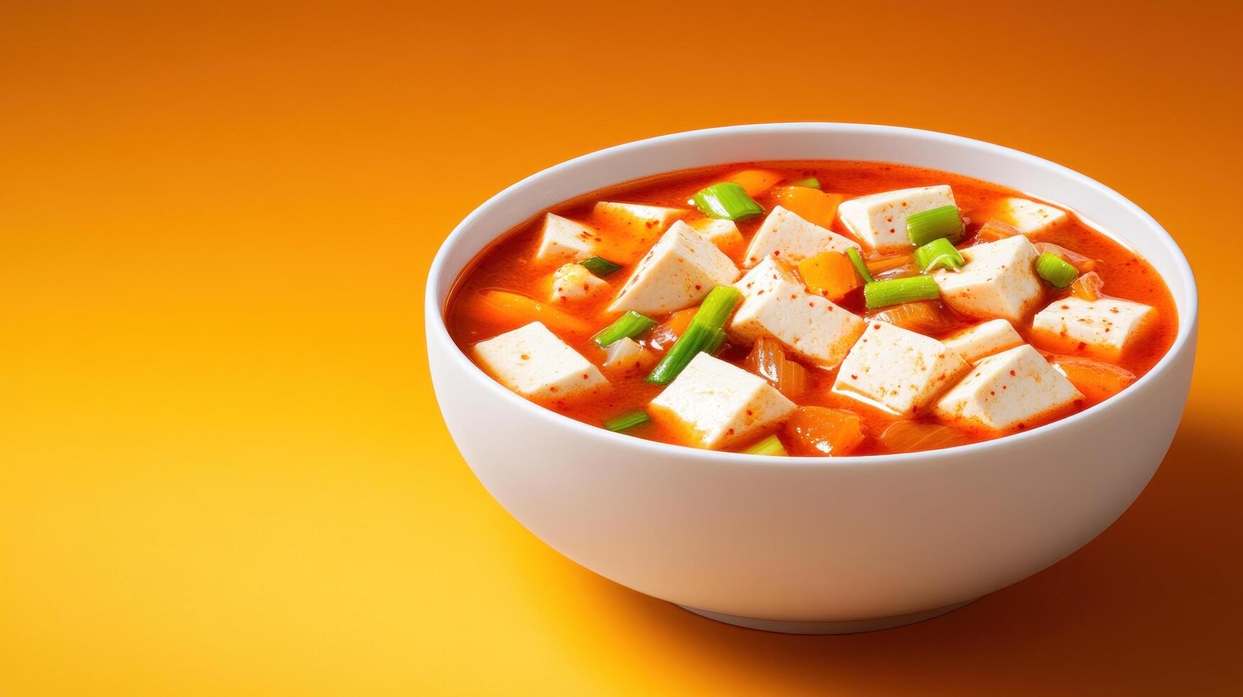 Tofu soup with green onion slices. Warm healthy meal idea, on orange studio background photo