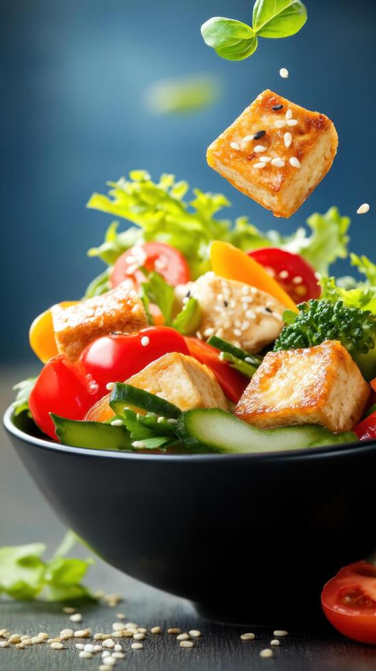 Tofu salad being prepared. Vegetables are falling in bowl. Healthy food advertisement photo