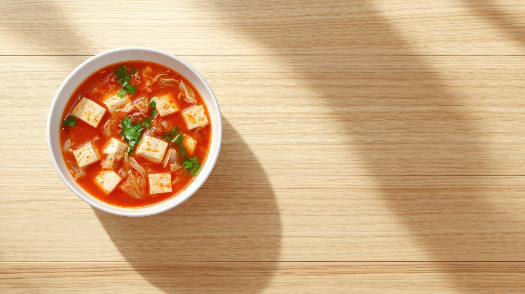 Tofu Soup in Bowl with Cilantro, Tomatoes. Served on Wooden Table. Healthy Lunch photo