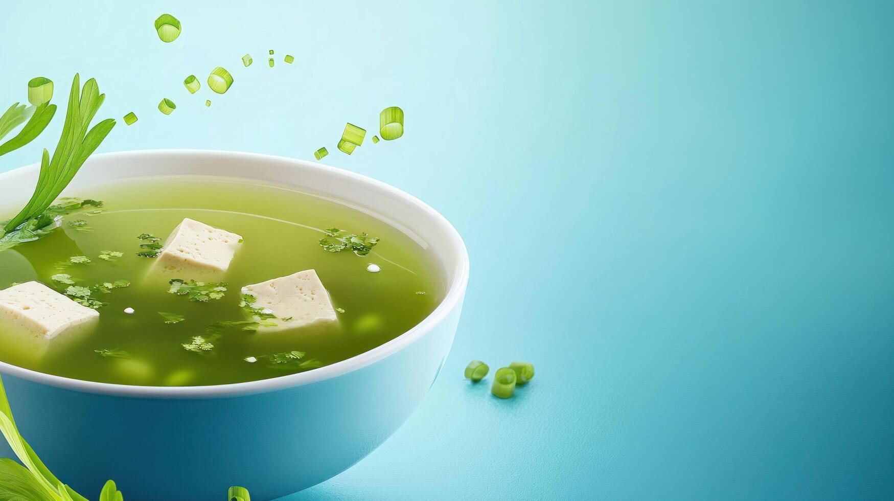 Tofu soup with green onions in a bowl on a blue background, used for healthy eating promotion photo