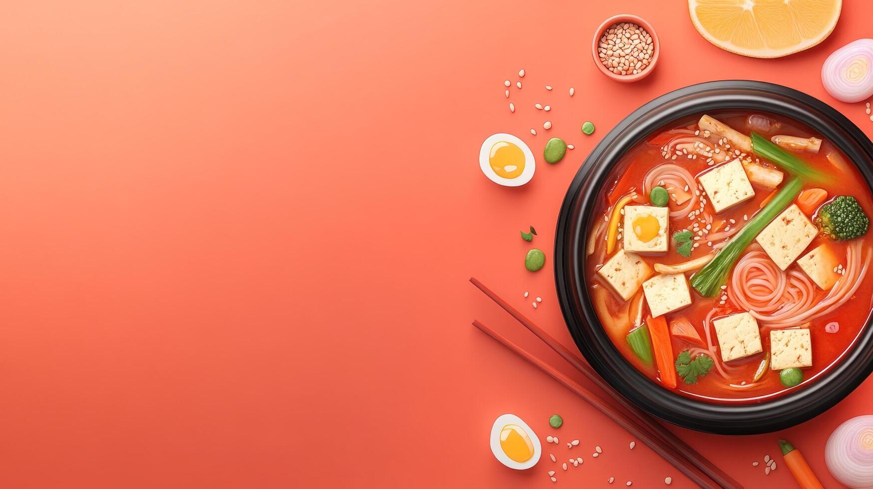 Tofu soup with vegetables and egg. Asian lunch, a healthy and tasty meal. Use it for menu photo