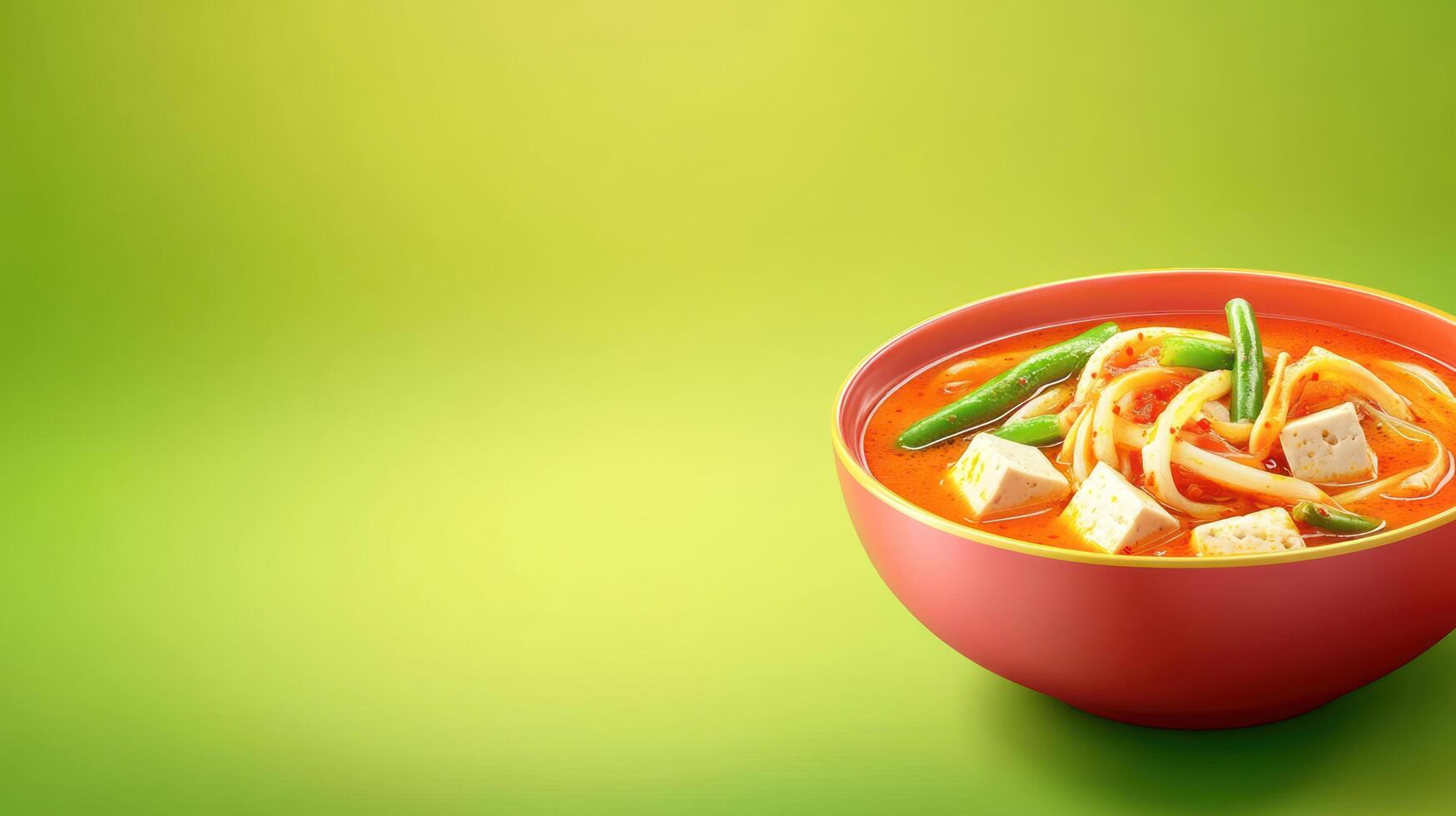 Tofu soup with noodles in a bowl against bright background. Food advertising idea photo