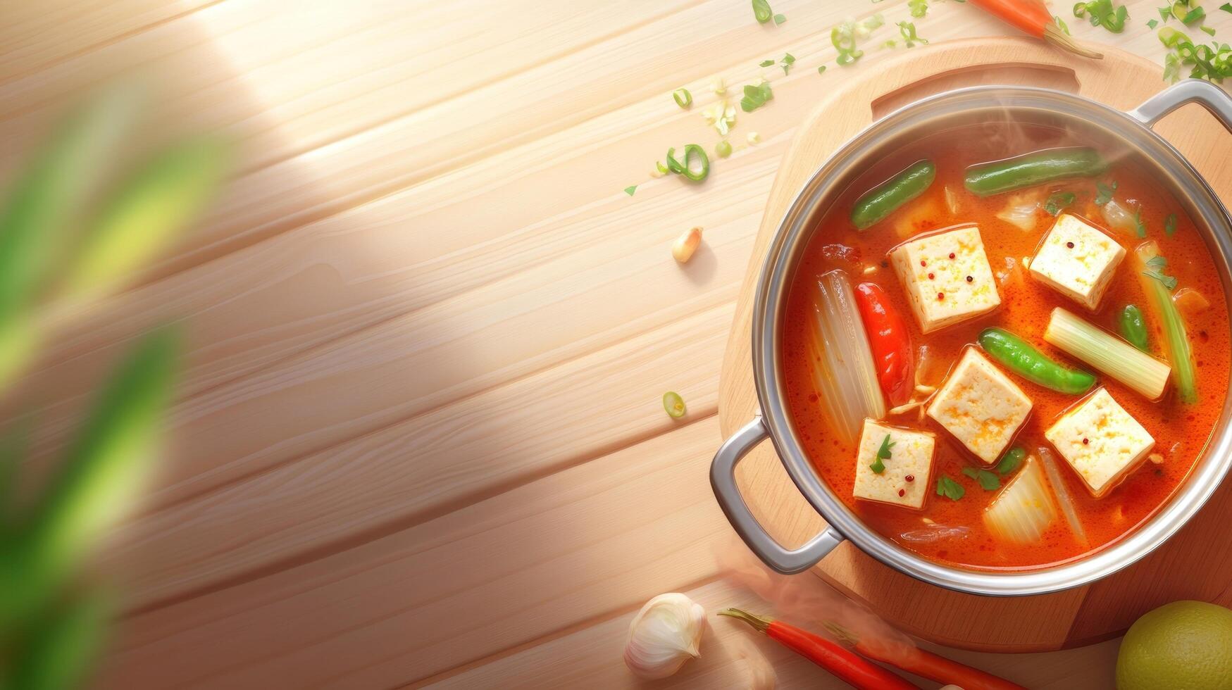 Tofu stew is cooking in pot in kitchen background for food blog or recipe photo
