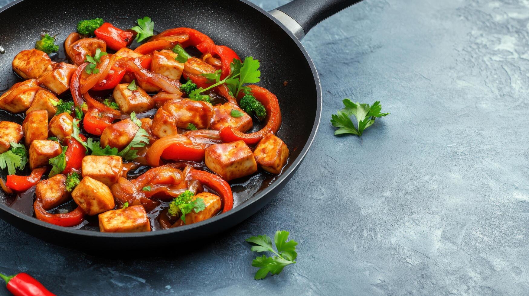 Tofu stir fry in a pan, with red pepper, broccoli onion. Tasty vegan food on a textured background photo