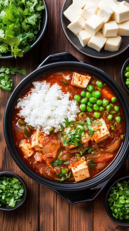 Tofu stew is prepared on a wooden table, with green herbs food blogging and recipe content photo