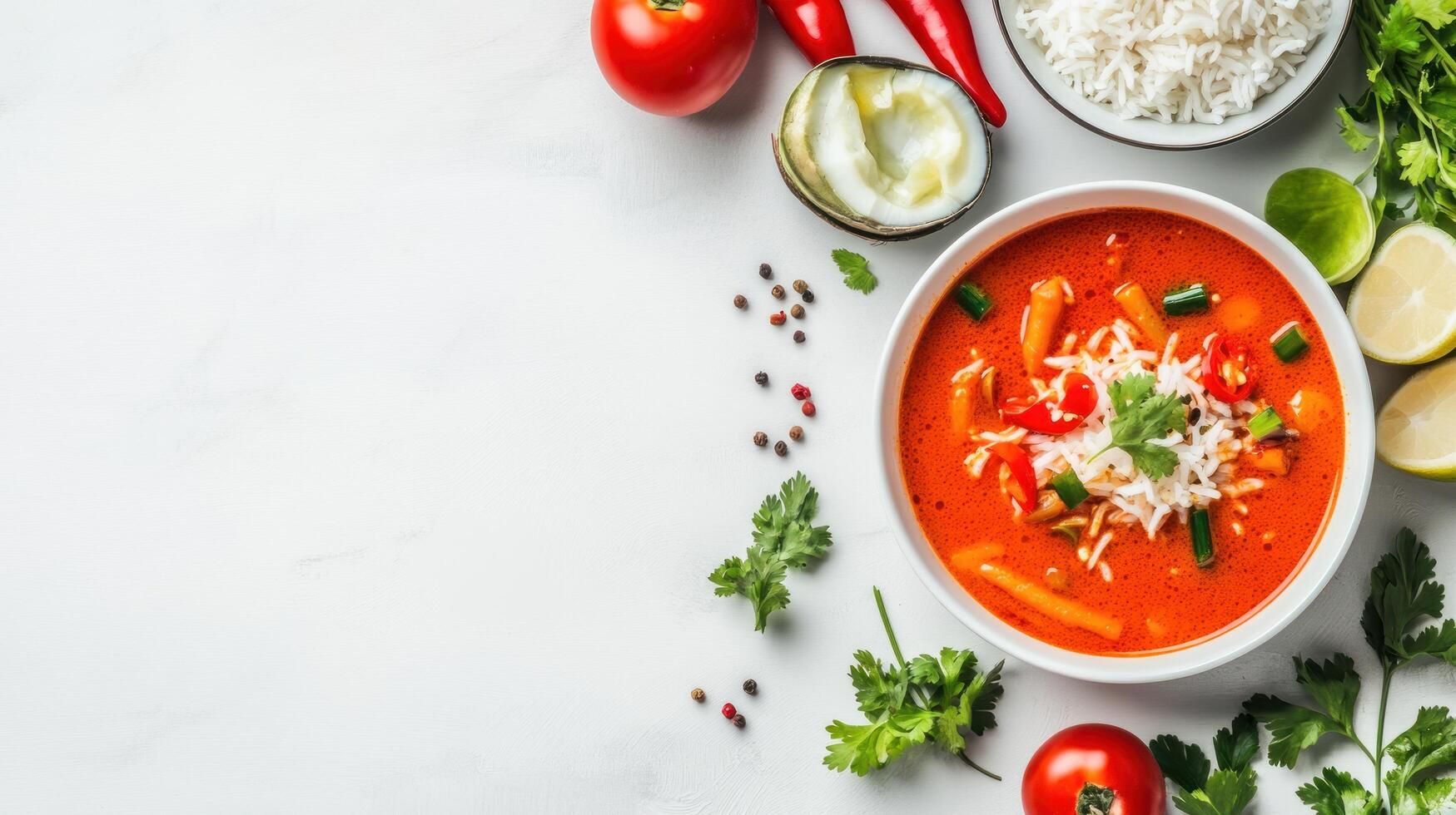 Tom Yum soup with herbs, vegetables, and rice bowl on a white surface. Food photography photo