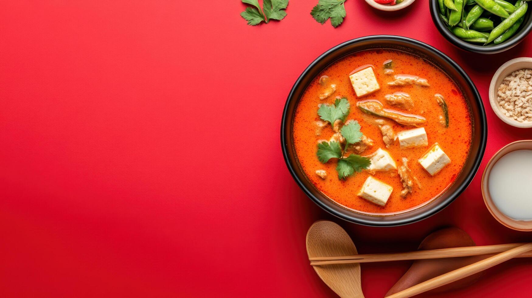 Tom Yum soup with tofu, greens and spices served on red surface with wooden spoons and condiments photo