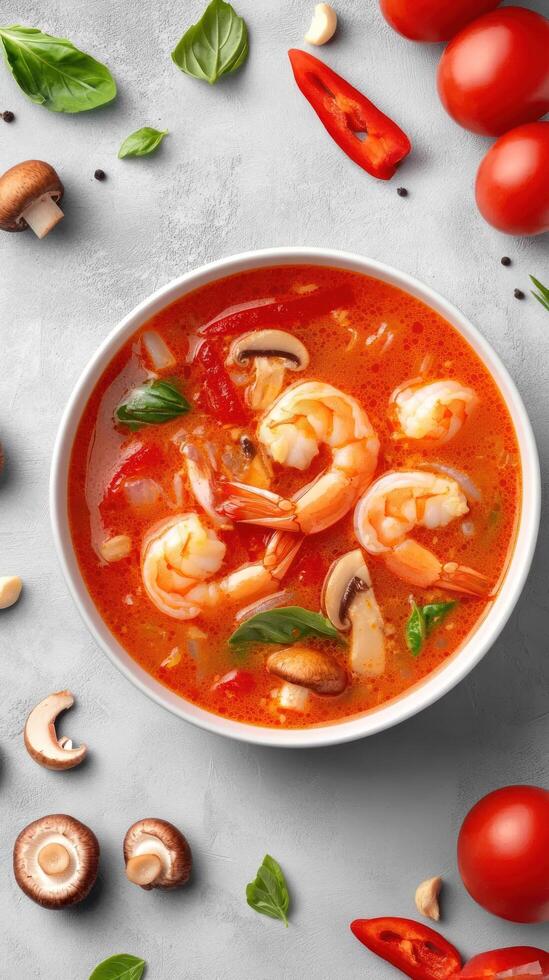 Tom Yum soup with shrimp, mushrooms, and tomatoes on a light gray background. Use for food blog photo
