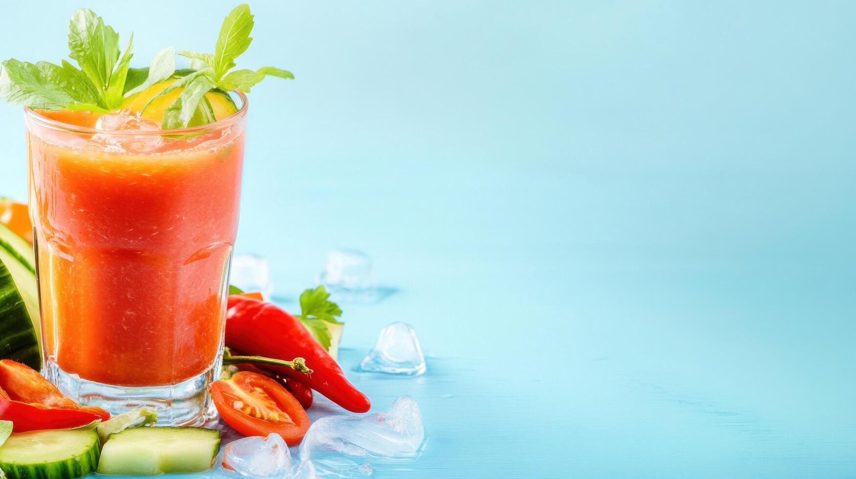 Tomato juice with ice and vegetables, for a healthy breakfast or detox, on a blue background photo