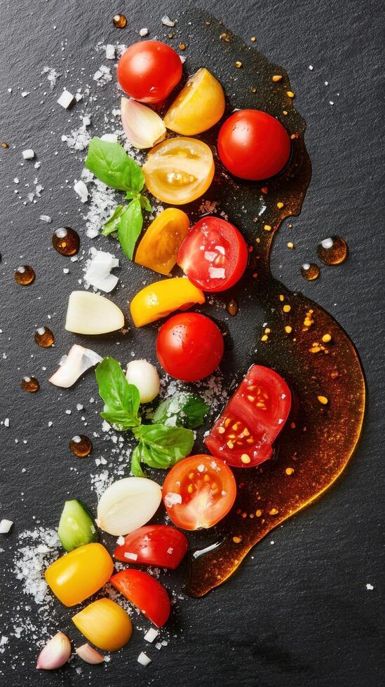 Tomato medley presentation with balsamic drizzle on slate. Culinary blog, marketing photo